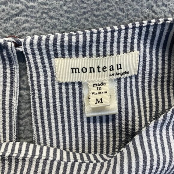 Monteau Top Teens Size M Blue White Striped Short Sleeve Ruffled Blouse - Picture 4 of 10